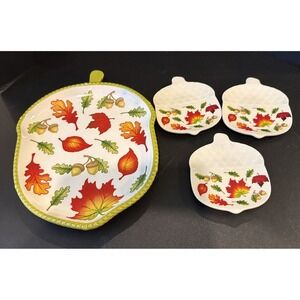 Temptations Seasonal Leaf Shape Acorn Trinket Plates‎ Dish Set Fall Autumn 4